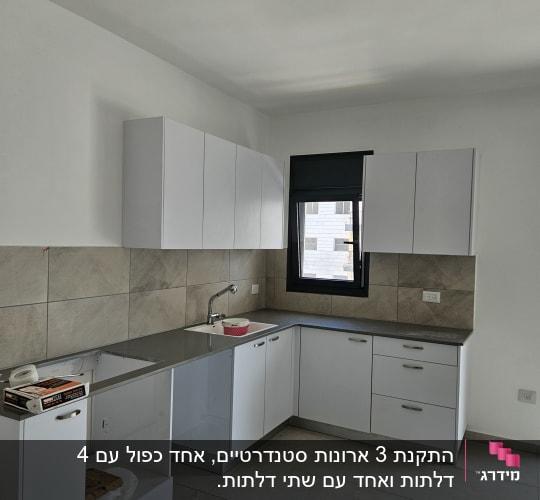 מטבח חדש עם ארונות לבנים, משטח עבודה כהה וחיפוי קיר